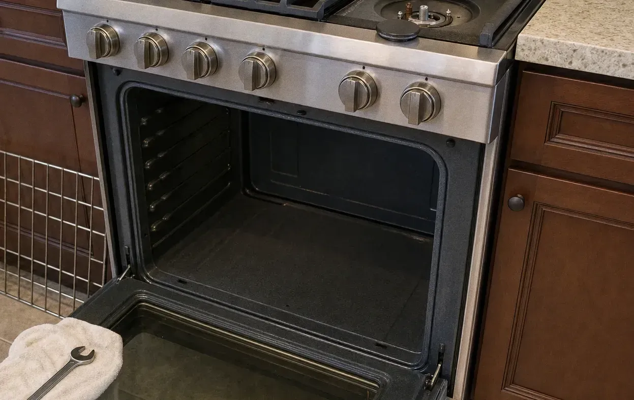 Stainless freestanding gas range between dark wood cabinets, oven door fully open on an empty cavity