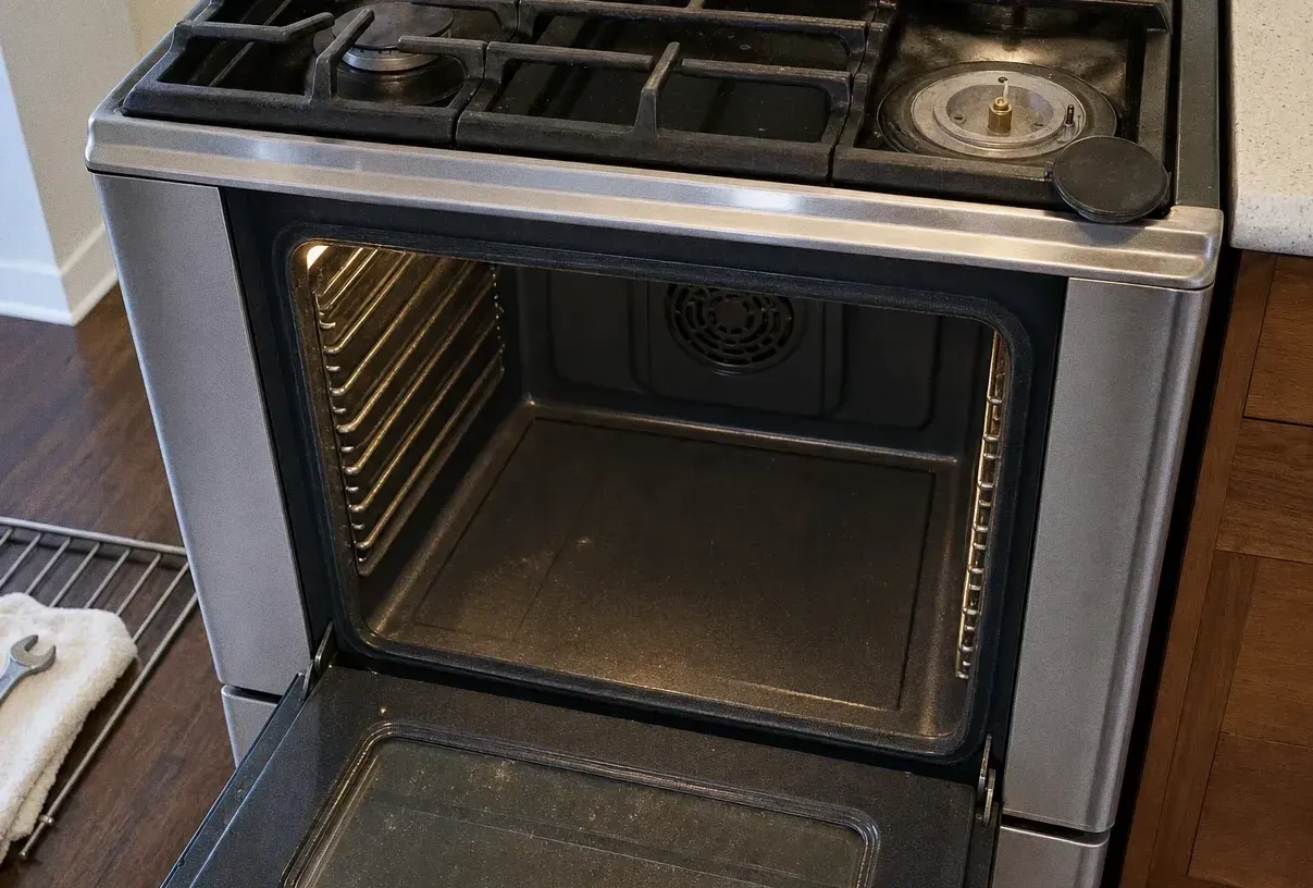 Gas range seen at an angle with the cooktop grates lifted off and the burner heads exposed, oven door open below